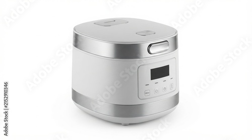 Modern white rice cooker with digital display, electric multicooker for kitchen countertop, sleek automatic pressure cooker appliance