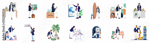 Flat vector illustration set of professional characters in various nautical and beach-themed business and leisure scenes.