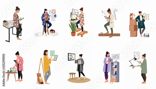 Collection of ten flat vector illustrations showing creative women working in various modern office and home studio environments on white background.