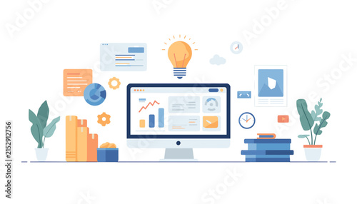 Modern flat vector illustration of computer workstation with data analysis and creative business icons.