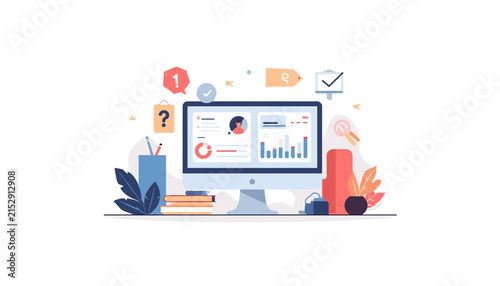 Flat vector illustration of a modern computer workstation with data analytics and business dashboard.