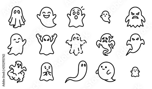 Foto Spooky ghost Halloween phantom character outline icon collection vector