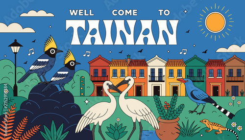 Welcome to Tainan: Colorful Cityscape with Birds and Nature Illustration
