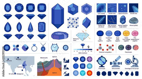 Fotografie Blue sapphire gemstones geological mining maps and crystal diagrams