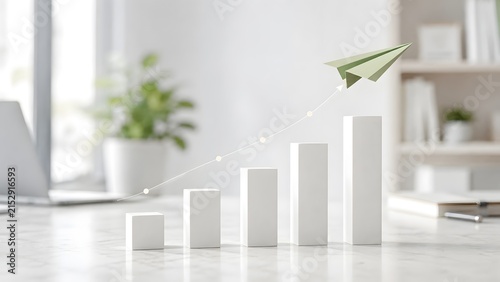 Sustainable business growth and eco friendly startup progress with green paper airplane and white blocks