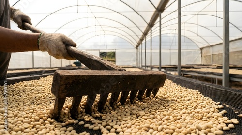 Close up of worker using a wooden rake to spread raw coffee beans for drying in a greenhouse facility