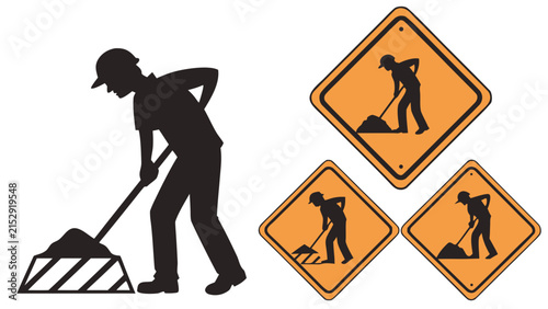 Construction Worker Digging and Road Work Signs for Traffic Safety