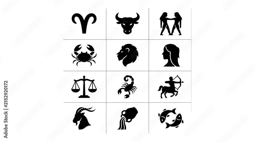 Obraz premium Zodiac Signs Set Flat Vector Icons Isolated on Transparent Background