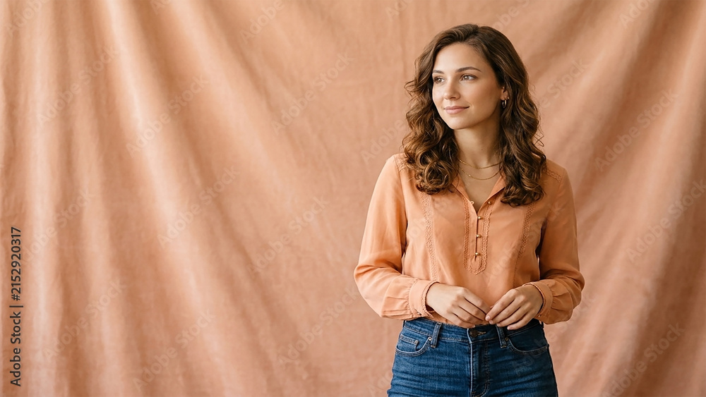 Fototapeta premium Young adult woman smiling, posing stock copy space image. Business product brand add option.