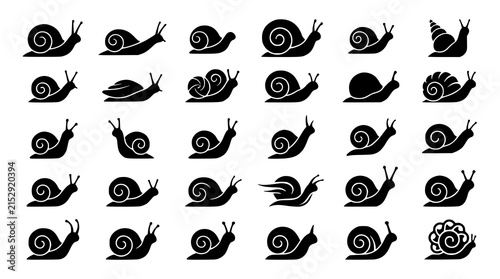 :
Snail Shell Black Silhouette Vector Icon Collection for Nature Garden and Logo Design