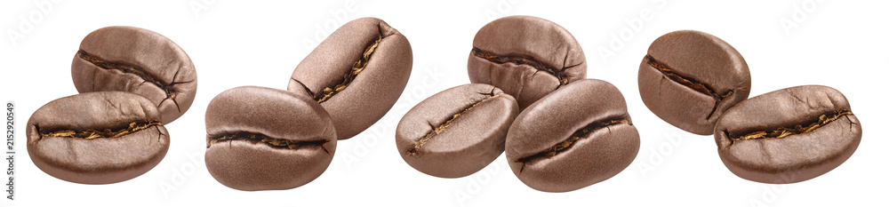 Fototapeta premium Set of roasted coffee bean compositions, isolated on transparent cutout background