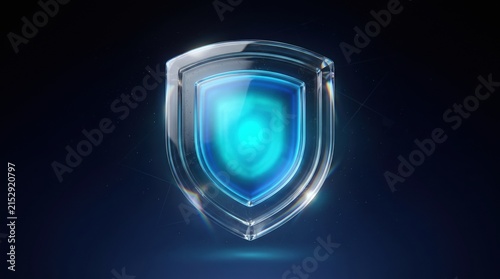 Transparent glass shield glowing bright blue on dark futuristic background, representing cybersecurity, protection, safety technology and digital defense concept icon design element.