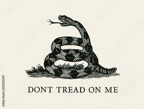 Gadsden flag illustration with a coiled rattlesnake and the text dont tread on me