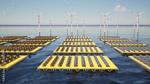 3d rendering floating solar panels with wind turbines on offshore platform 4k footage