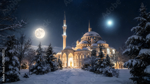 Beautiful mosque building under a bright full moon at night illustration