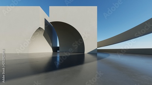 Abstract architecture background, Concrete curved walls forming pointed archway on reflective floor, Scene for car presentation, Modern Exterior, 3D rendering