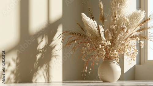 Boho style dried pampas grass bouquet in ceramic vase on marble surface with soft shadows.