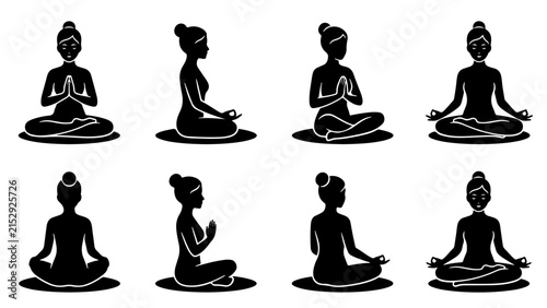 Woman Meditating Silhouette Vector Set Lotus Pose Yoga Poses Icon Collection