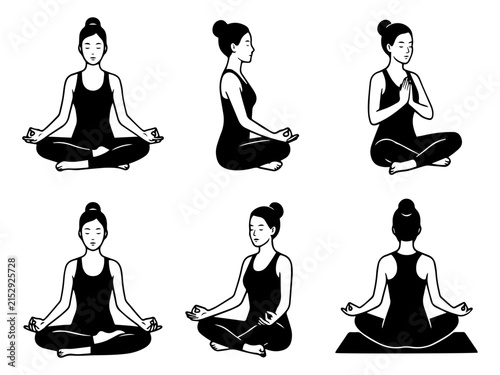 Meditation Poses Female Line Art Vector Lotus Position Yoga Line Illustration Set