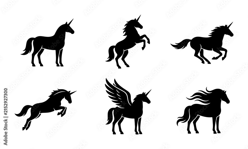 Fototapeta premium 70 Mythical Unicorn Silhouettes Collection, Magical Horse Vector Icons, Fantasy Creature Graphics, Enchanted Animal Illustrations, Black and White Legend Symbols 100