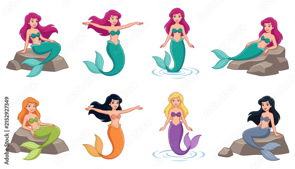 Fototapeta premium Beautiful mermaid cartoon character vector illustration pose set. Cute sea princesses sitting on rocks, swimming in water, with colorful long hair and fish tails.