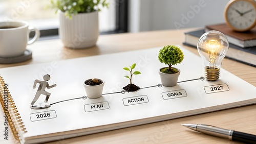 Business strategy timeline on an office notebook showing plant growth stages from 2026 to a glowing lightbulb in 2027.