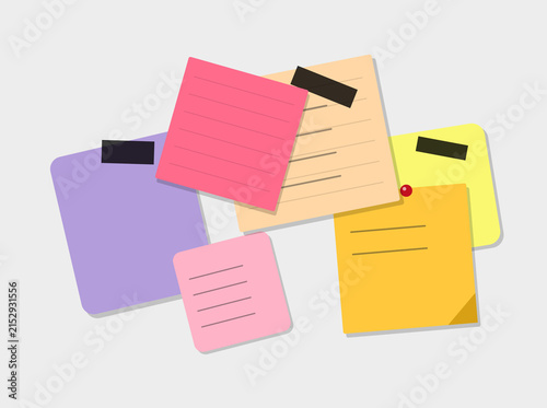 Colorful sticky notes and cards with labels in a casual arrangement