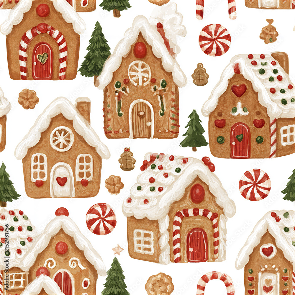 Fototapeta premium Seamless holiday pattern featuring cute gingerbread houses with candy decorations and festive pine trees