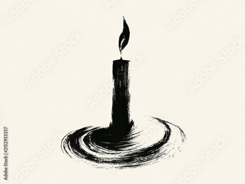 Minimalist ink wash painting of a lit candle with swirling brush strokes