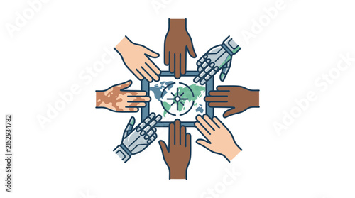 Human and robotic hands circling world compass icon.