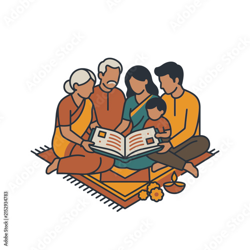 Indian family reading book together on floor.