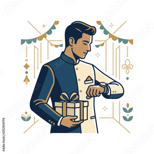Festive man checking watch while holding wrapped gift box.