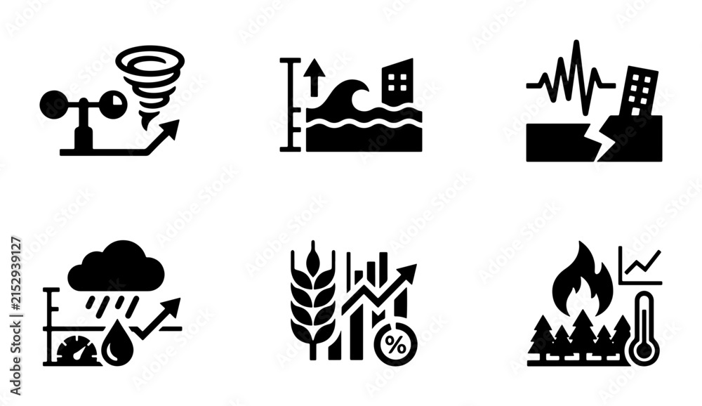Fototapeta premium Disaster Icons: Weather, Flood, Earthquake, Drought, Agriculture, Fire, Climate Change