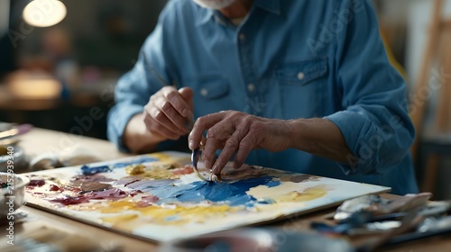 An older person mixes paint on a palette using brushes while seated at a wooden table in a warmly lit indoor space