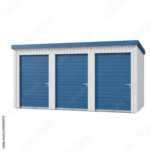 Modern blue outdoor storage shed with three doors
