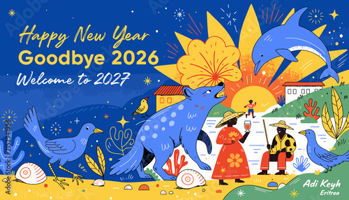 Happy New Year 2027: Dolphin, Wolf, Birds, and People Celebrate in Stylized Landscape