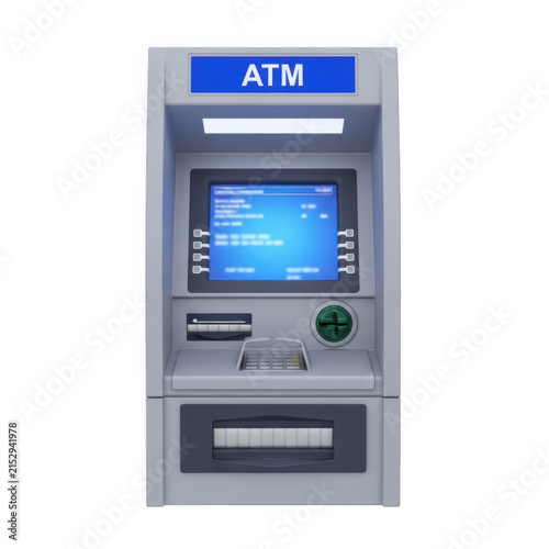 Modern atm machine with blue screen and keypad