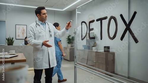 Doctor and nurse discussing near detox room door