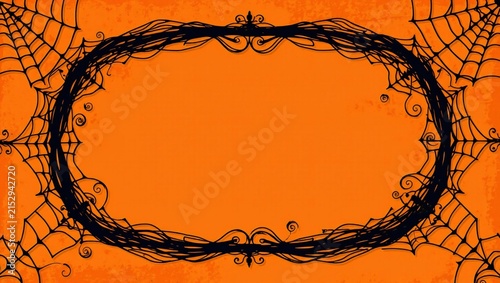 Halloween frame with black spider webs on a bright orange background