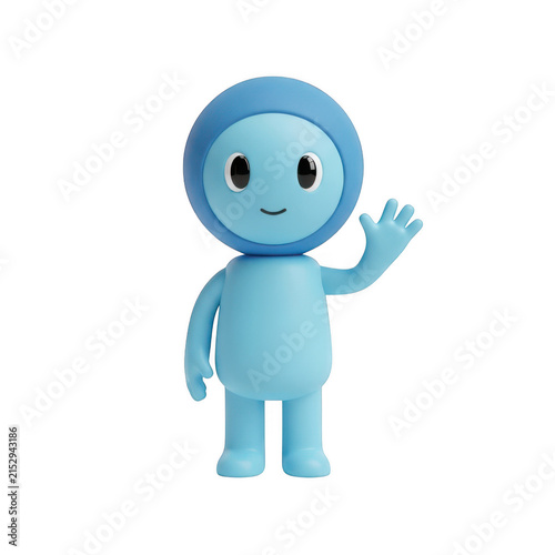 Cute blue 3d character mascot waving hello isolated on transparent background