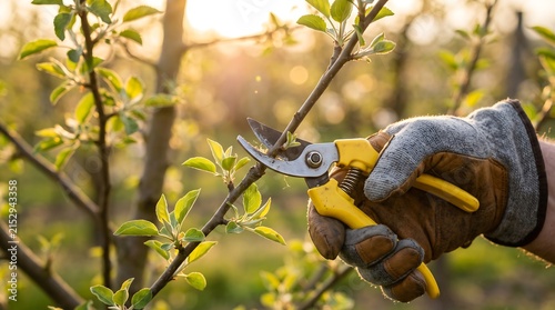 A gloved hand uses yellow secateurs to prune a tree branch in a blooming spring orchard during golden hour.