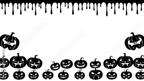Black and white halloween background featuring scary jack o lantern pumpkins and dripping paint border design for spooky holiday celebration