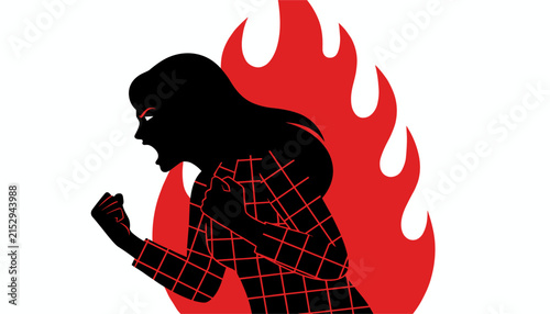 Silhouette of angry woman shouting with clenched fists against large red fire flame background representing rage, fury, and intense emotion.