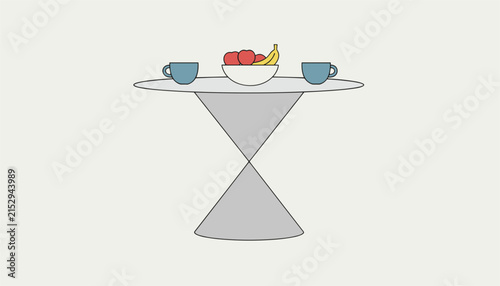 Simple modern dining table holding bowl with apples and banana between two blue coffee mugs against plain light grey background.