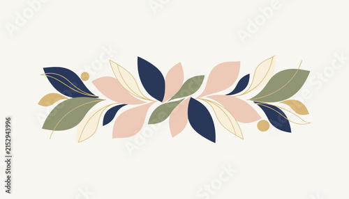 Elegant decorative border composed of stylized multicolored leaves in a graceful horizontal arrangement on a light background.