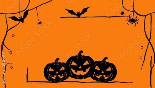 Three carved spooky pumpkins with bats and spiders on an orange halloween background
