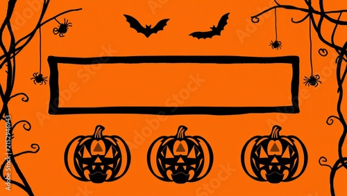 Halloween frame with carved pumpkins bats and spiders on an orange background