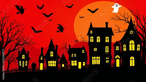 Spooky haunted house with bats and ghost under a large orange full moon for halloween night
