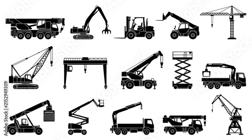 Construction and Industrial Heavy Machinery Silhouette Icons: Cranes, Forklifts, Lifts