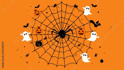 Black spider on a large web with cute ghosts and pumpkins on an orange background for halloween celebration